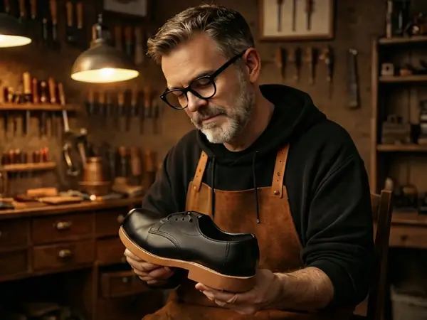 Schuhmacher hält einen reparierten schwarzen Lederschuh mit neuer Sohle in der Hand